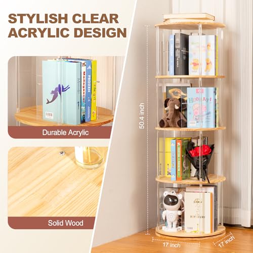 TAKEKIT 4-Tier Natural Round Rotating Bookshelf with Clear Acrylic, 360° Spinning Tower
