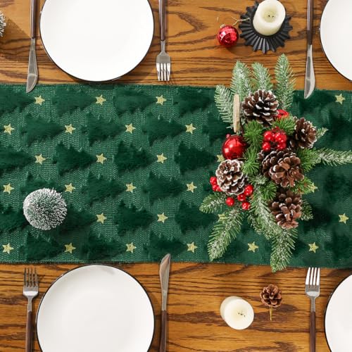 Siilues Green Christmas Trees Table Runner 13x90 Inch - Plush Faux Fur Jacquard