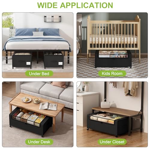 Webetop Under Bed Storage Containers with Wheels - 12 Inch Black Bin - Locking Casters & Clear Lid, 2-Pack