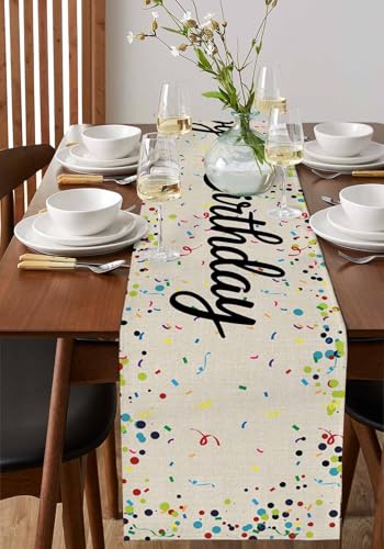 Ueplerts Happy Birthday Table Runner 13x36 Inches Beige Linen Polka Dot, 36in Long