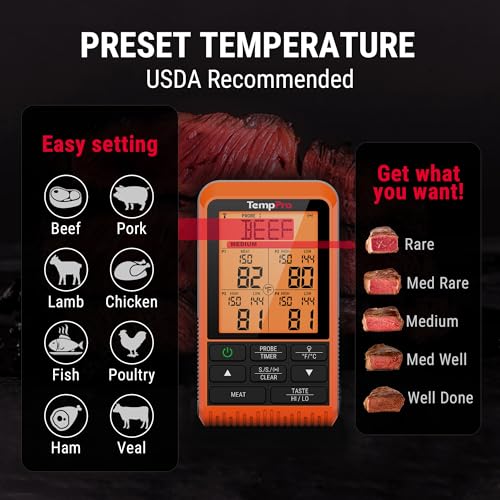 TempPro Wireless Meat Thermometer with 4 Probes - 1000FT Remote Grill & BBQ Thermometer