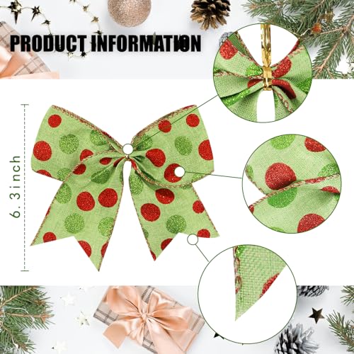 DIYDEC 12pcs Christmas Bows Ornaments 6.3 Inch Large Christmas Wreath Bows Red Green Xmas Tree Bow Glitter Dot Bows Ribbons Decoration for Garland Wedding Home Holiday Party