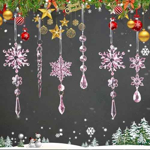 18pcs Crystal Christmas Ornaments for Christmas Tree Decorations-Pink Hanging Acrylic Snowflake and Icicle Ornaments with Drop Pendants for New Year Party Decorations Supplies