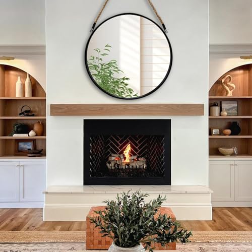 Large Round Hanging Mirror with Jute Rope - 30 Inch Black Wall Decor - POZINO
