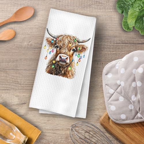 Highland Cow Christmas Towel - 16x24 In Waffle Dish Tea Kitchen Towel ( Highland Cow-05 )