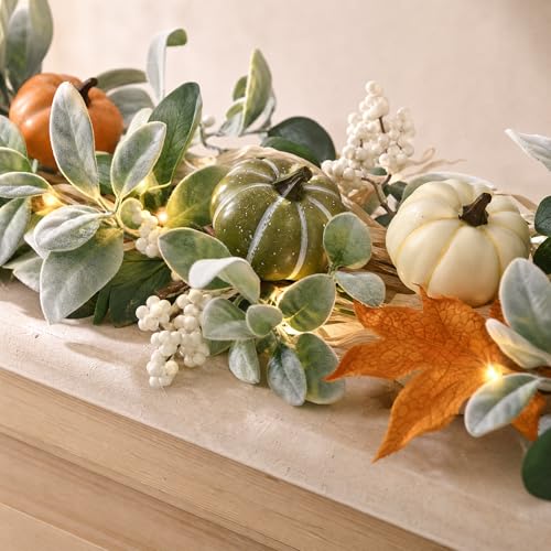 Green Fall Garland with Lights - 6 Ft Eucalyptus & Pumpkin Decor Set - 2 Pcs