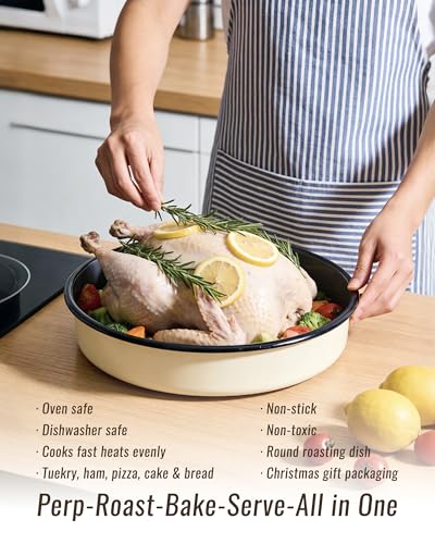 Creamy White Round Turkey Roasting Pan Set of 4 Enamel Bakeware for Oven