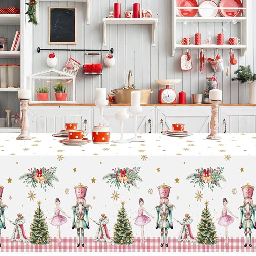 3 Packs Nutcracker Plastic Tablecloth Decorations, Pink Plaid Nutcracker Christmas Tree Disposable Waterproof Table Covers, Nutcracker Soldier Tablecloth for Dining Table Party Supplies