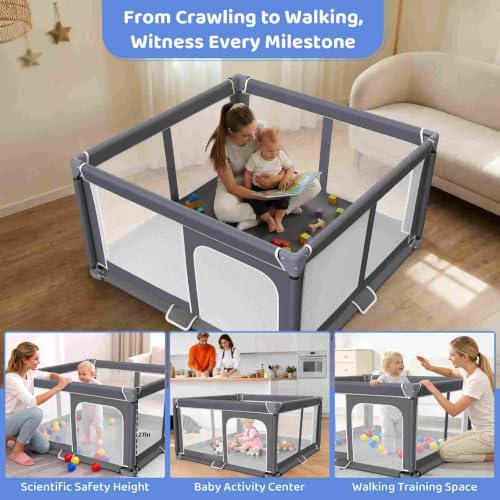 Foldable Baby Playpen with Mat - 50x50 Inch Safety Play Yard for Toddlers - Indoor & Outdoor, Portable Collapsible Design - Dark Gray