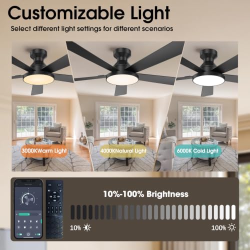 52-Inch Black Ceiling Fan with Lights, Reversible Motor & Remote Control - Low Profile Flush Mount