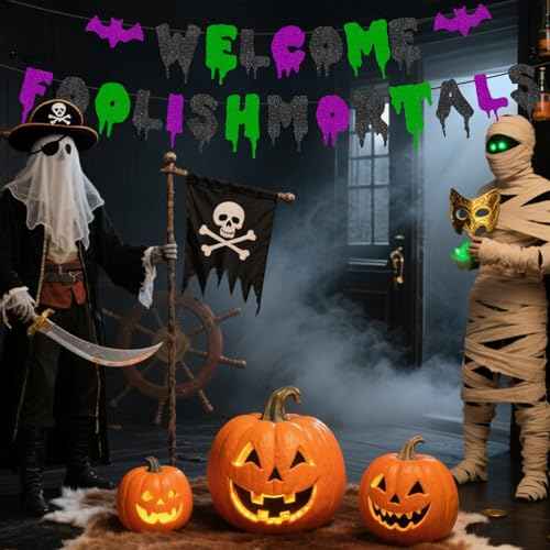 Welcome Foolish Mortals Banner NO DIY Pre-Strung Halloween Party Decoration Glitter Haunted Mansion Banner Halloween Party Banner with Bat for Home Wall Mantle Decor Party Haunted House Man Cave Birthday Christmas Gifts (Black Green Purple)