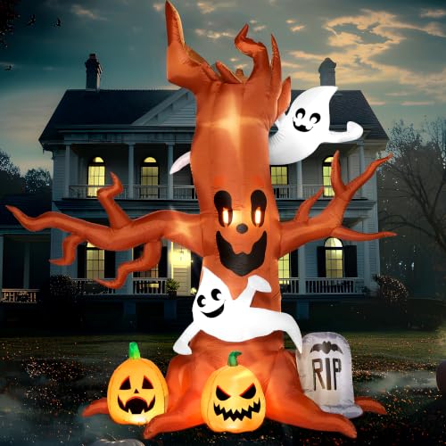 8FT Halloween Inflatable Scary Tree with Ghost, Pumpkins & Tombstone - LED Yard Decor
