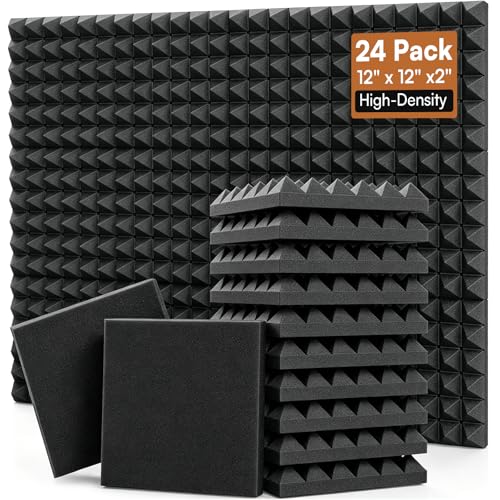 24 Pack Pyramid Acoustic Foam Panels - 12x12x2 Inches Soundproof Wall Panels - No Adhesive