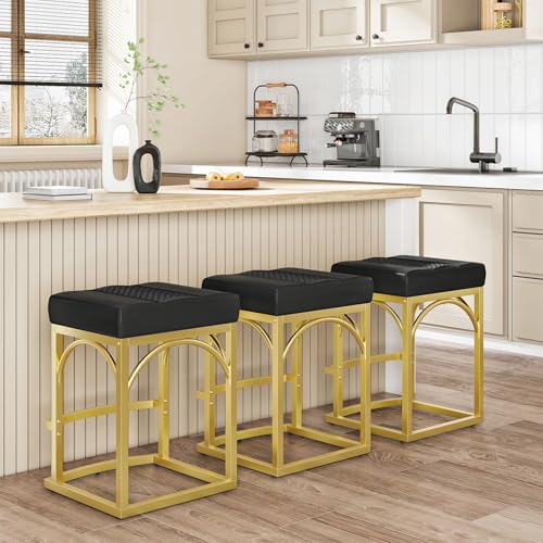 Gold and Black Bar Stools Set of 2 - Counter Height Velvet & PU Upholstered Chairs