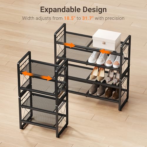 ELYKEN Expandable Shoe Rack for Closet, 4-Tier Metal Black Organizer