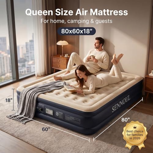 SENNOUL Queen Air Mattress with Built-in Pump 18-Inch Raised Blow Up Bed, 800lb Capacity