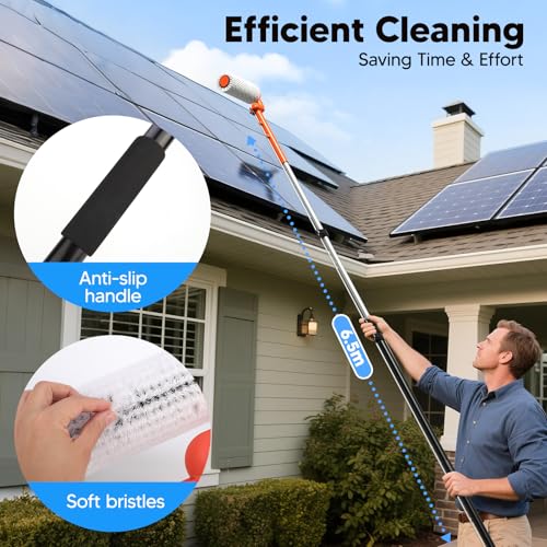 Electric Solar Panel Cleaning Brush and Pole - 20FT Telescopic Water Fed Brush - Orange