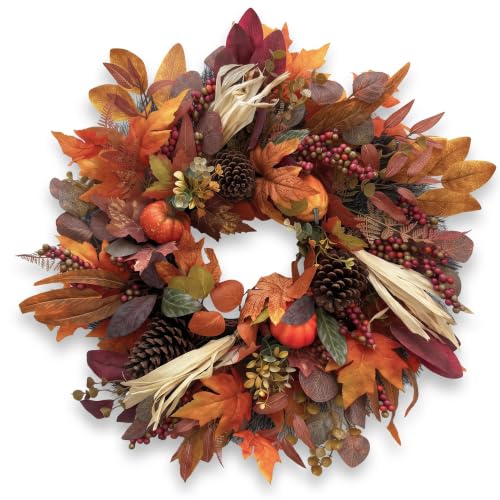 26-Inch Fall Wreath for Front Door - Red Orange Harvest Decor with Maple Leaves, Pumpkins & Berries