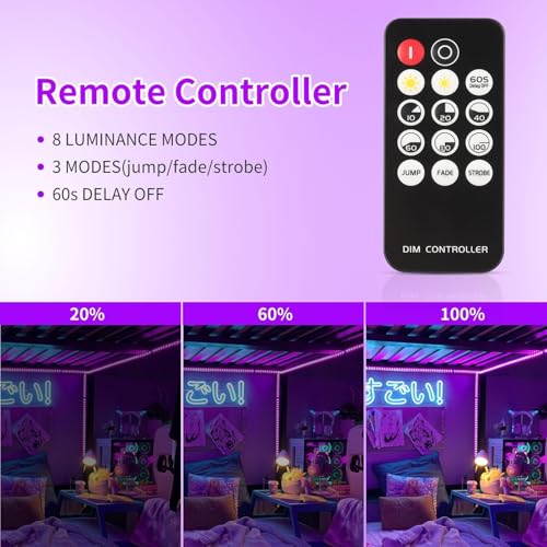 THECHAM 80ft Black Light LED Strip with Remote, Dimmable & Cuttable - Indoor Party & Body Paint Lighting