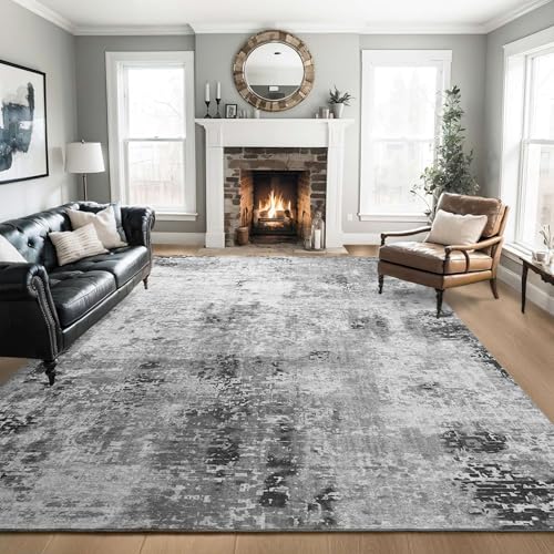 Grey 8x10 Abstract Boho Area Rug - Machine Washable Non-Slip Faux Wool Indoor Carpet