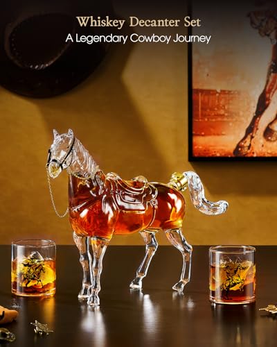 Whiskey Decanter Set with 2 Cowboy Glasses - Horse Theme Western Gift