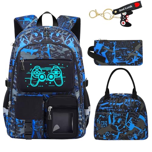 Kids School Backpack Set with Lunch Box - Gamer Pattern, 18 Inch, Variation Game003-backpack Set
