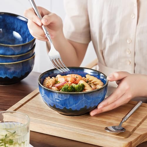 5.8 Inch Navy Blue Starry Ceramic Soup Bowl - Set of 4, Microwave & Dishwasher Safe