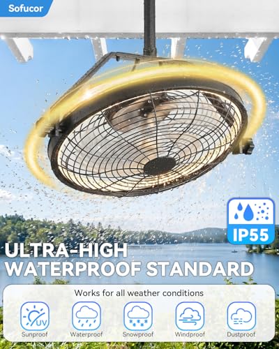 Sofucor 20 Inch Outdoor Waterproof Ceiling Fan with Light IP55 Rating