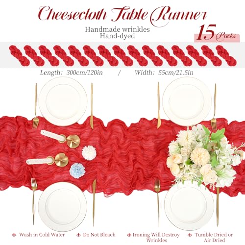 Lykoow 15 Packs Red Cheesecloth Table Runner 21.5x120in - Rustic Gauze Wedding Decor