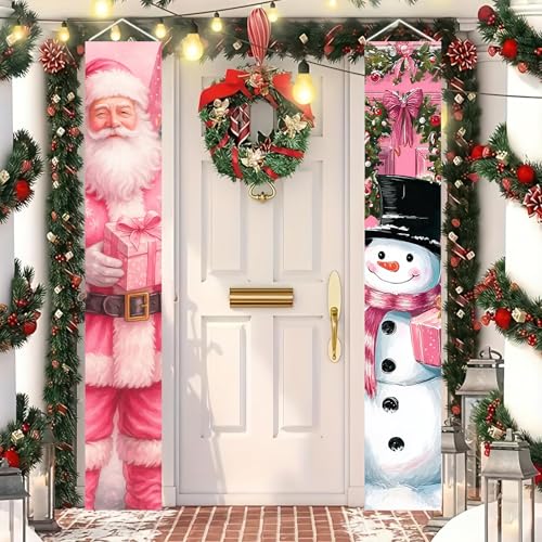 Pink Christmas Porch Banner - 12x71 Inch Welcome Santa Snowman Holiday Decor