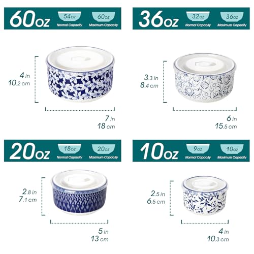 Ceramic Nesting Bowls Set with Lids - 4 Sizes, Food Storage & Prep, Microwave & Dishwasher Safe - Series SELENE 60+36+20+10 Oz