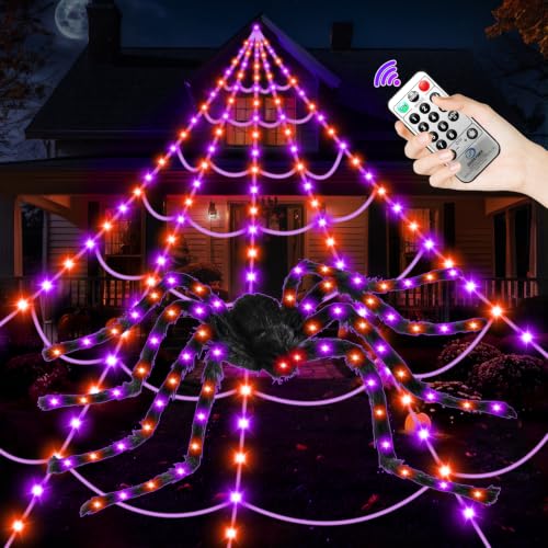 Halloween Outdoor Spider Web Lights with 250 LEDs & 8 Modes - Dark Purple & Orange