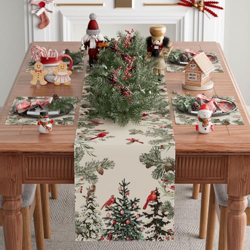 XCHI Cardinal Birds Winter Pine Tree Table Runner 13x48 Inch – Holiday Decor, 100% Polyester
