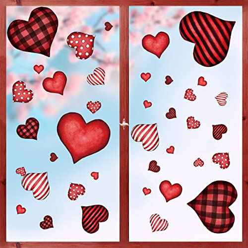 Horaldaily 120 PCS Valentine Window Cling Sticker, Red Buffalo Plaid Stripe Dots Love Hearts Home Party Supplies Shop Window Glass Display Decoration