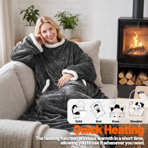 Wearable Heated Blanket with Sleeves & Foot Pockets - Dark Gray, 72"×52"