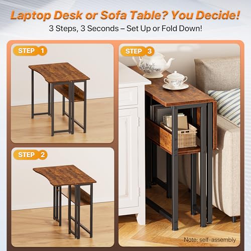 Huuger Rustic Brown 31.5 Inch Folding Desk with Storage Shelf, Compact Home Office Table
