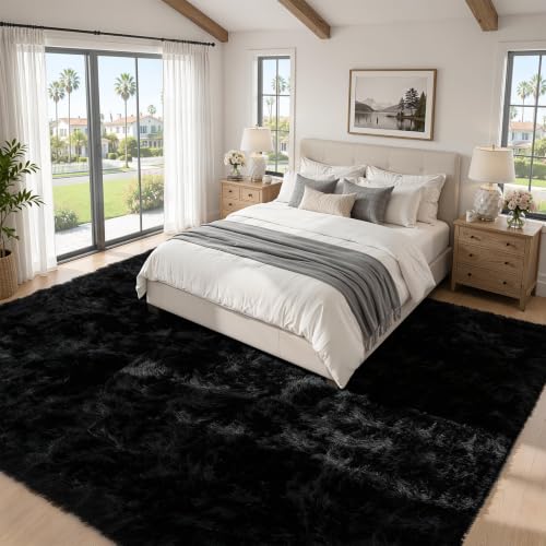 Black 8x10 Shag Area Rug - Ultra Soft Washable Modern Carpet for Living Room & Bedroom