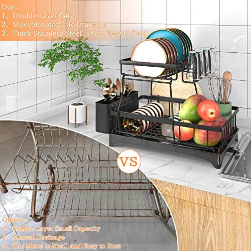 Godboat 2-Tier Dish Drying Rack - Auto Drain-to-Sink Black