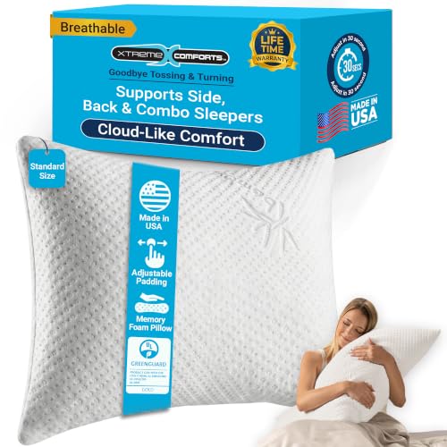 Xtreme Comforts Adjustable Memory Foam Bed Pillow - Standard Size, GREENGUARD Certified