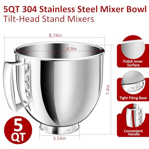 5QT Stainless Steel Mixer Bowl Compatible with KitchenAid Tilt-Head Mixers - Handle Included