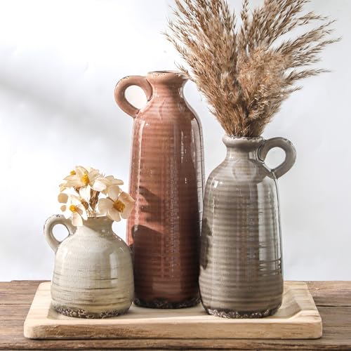 Ooit Brown Ceramic Vase Set of 3 Rustic Farmhouse Home Decor with Handles