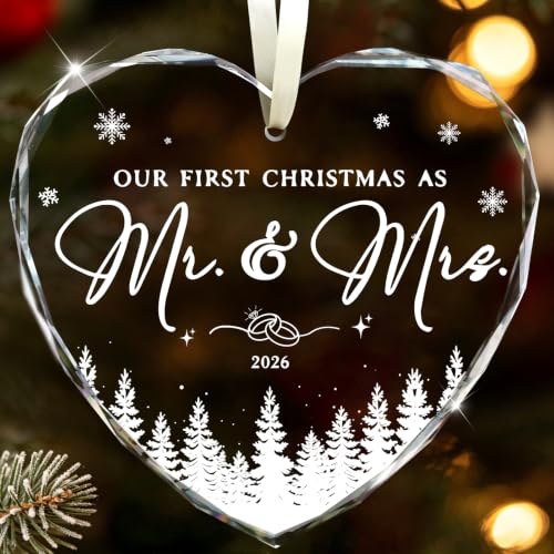 Wedding Gift 2026 Our First Christmas as Mr. & Mrs Ornament - Glass Keepsake, 3.15 in, Gift Box