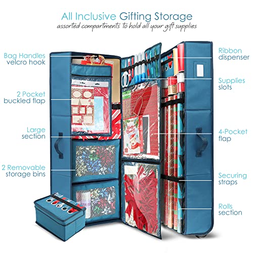 Hearth & Harbor Extra Large Blue Wrapping Paper Storage Container with Ribbons & Wheels