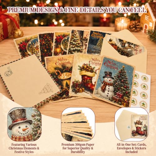 Tlenpo 24 Vintage Christmas Cards Set 5x7 with Envelopes & Stickers – 8 Patterns