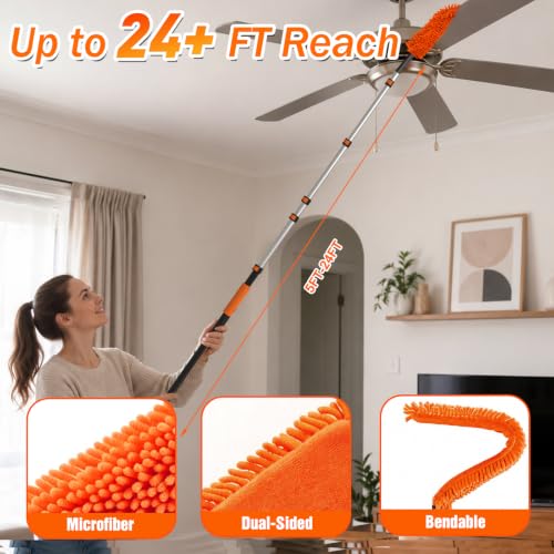 24FT Reach Ceiling Fan & Window Duster Kit with Extension Pole & Microfiber Feather Duster