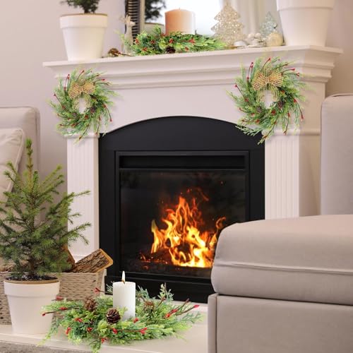YLOLUL Cedar Artificial Christmas Candle Rings 8 Pcs, 9 Inch Wreaths with Berries & Pinecones, Winter Holiday Decor