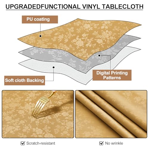 Smiry Round Table Cloth, Waterproof Heavy Duty Vinyl Tablecloths, Wipeable Washable Table Cover for Kitchen and Dining Room (Gold, 60" Round)
