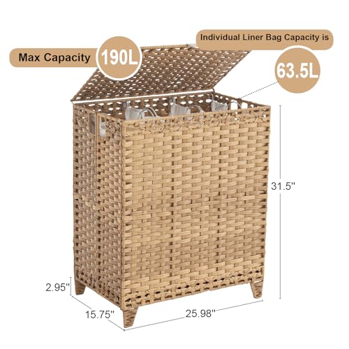 Laundry Hamper with Lid, 190L Large Basket 3 Section 6 Removable