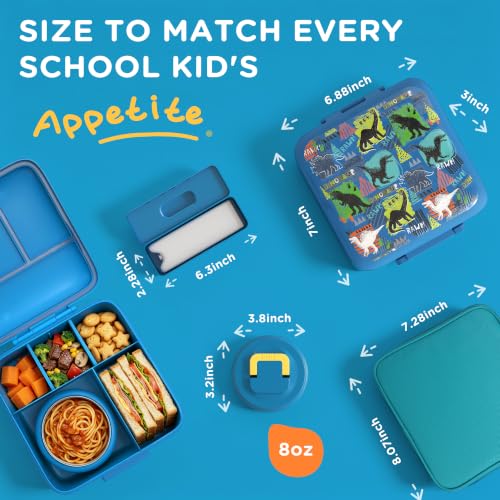 JXXM Dinosaur Blue Kids Bento Lunch Box Set with Thermo Food Jar & Leak-Proof Containers