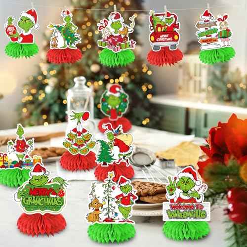12pcs Christmas Decorations Honeycomb Centerpieces,Christmas Birthday Party Table Decorations,Green Red Centerpieces for Tables